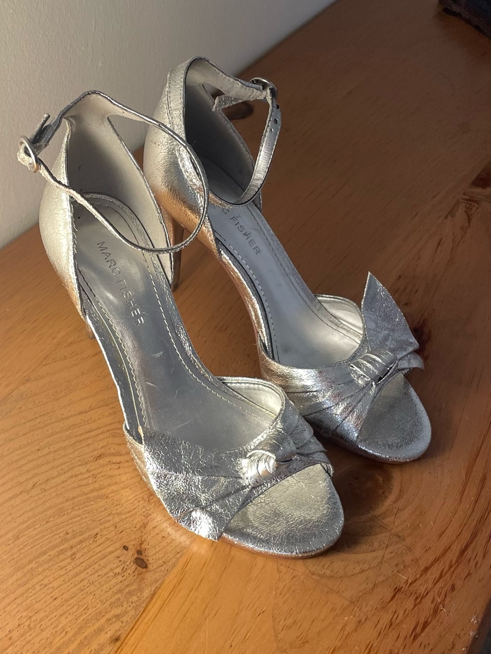 Marc Fisher Metallic Silver Bow Ankle-Strap Heels